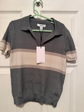 Reiss Striped Short-Sleeve Zip Polo Sweater in Gray and Cream